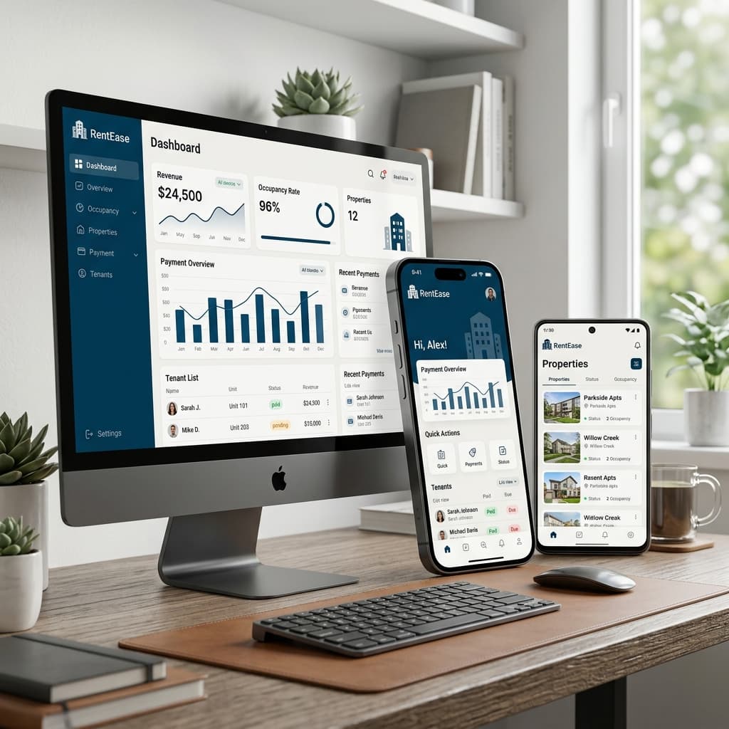 RentEase Property Management App synchronized across Web, Android, and iOS devices