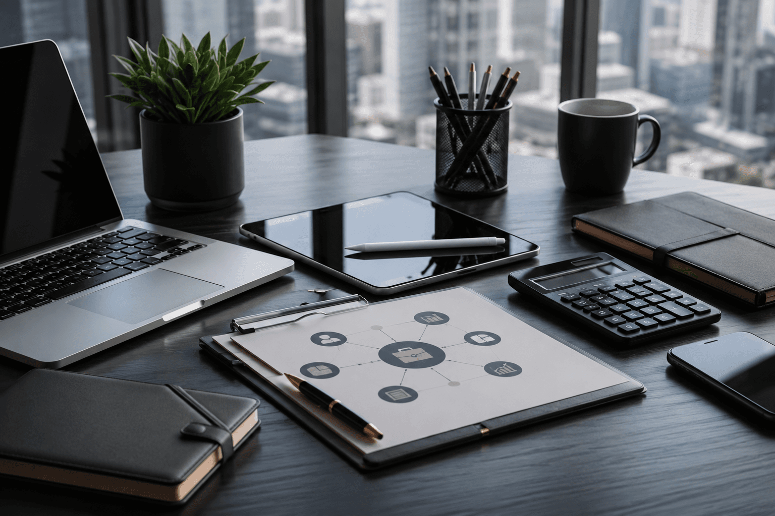 A desk with a laptop, calculator, notebook and paperwork